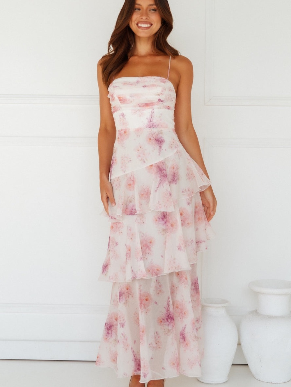 Tiered Pink Floral Spaghetti-Strap Maxi Dress